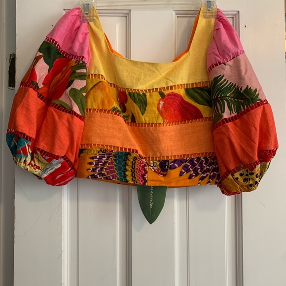 Rainbow Mixed Print Tiered Linen Blend Top In Mix Print - Picture 5 of 5